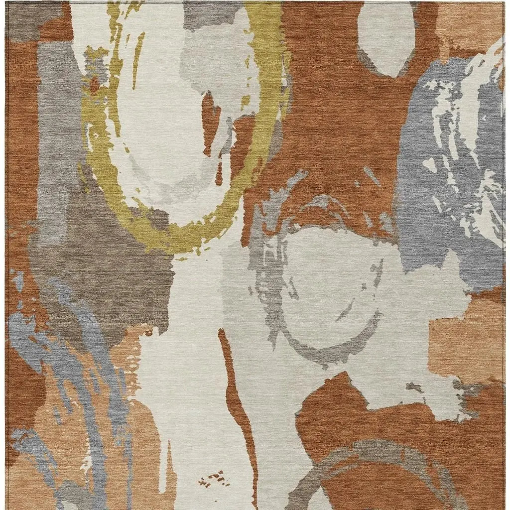 5' X 8' Orange And Beige Abstract Washable Indoor Outdoor Area Rug Homeroots Outdoor