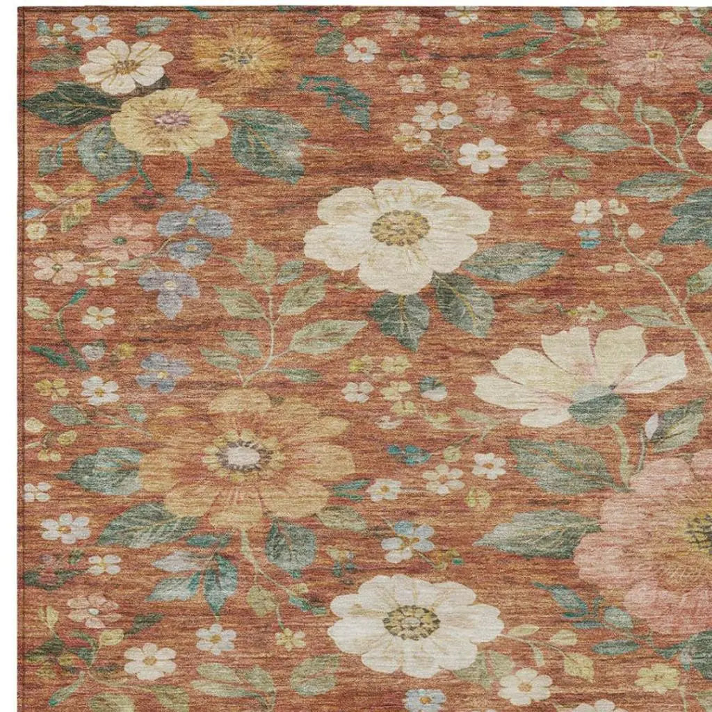 5' X 8' Orange And Beige Floral Washable Indoor Outdoor Area Rug Homeroots Outdoor