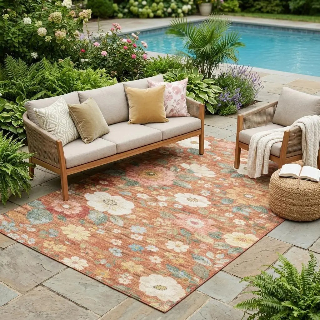 5' X 8' Orange And Beige Floral Washable Indoor Outdoor Area Rug Homeroots Outdoor