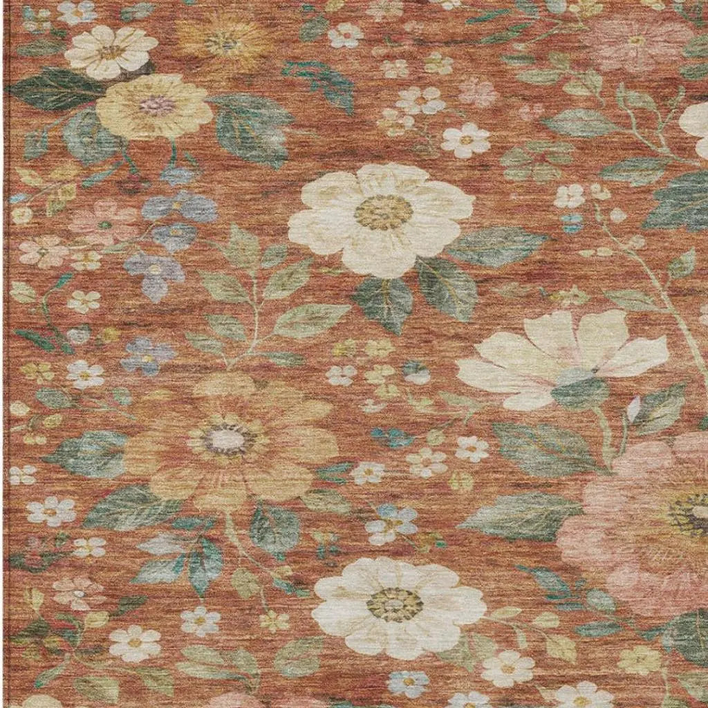 5' X 8' Orange And Beige Floral Washable Indoor Outdoor Area Rug Homeroots Outdoor