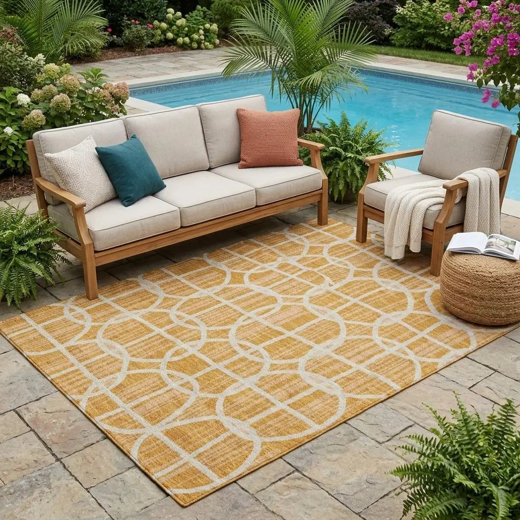 5' X 8' Orange And Beige Geometric Washable Indoor Outdoor Area Rug Homeroots Outdoor