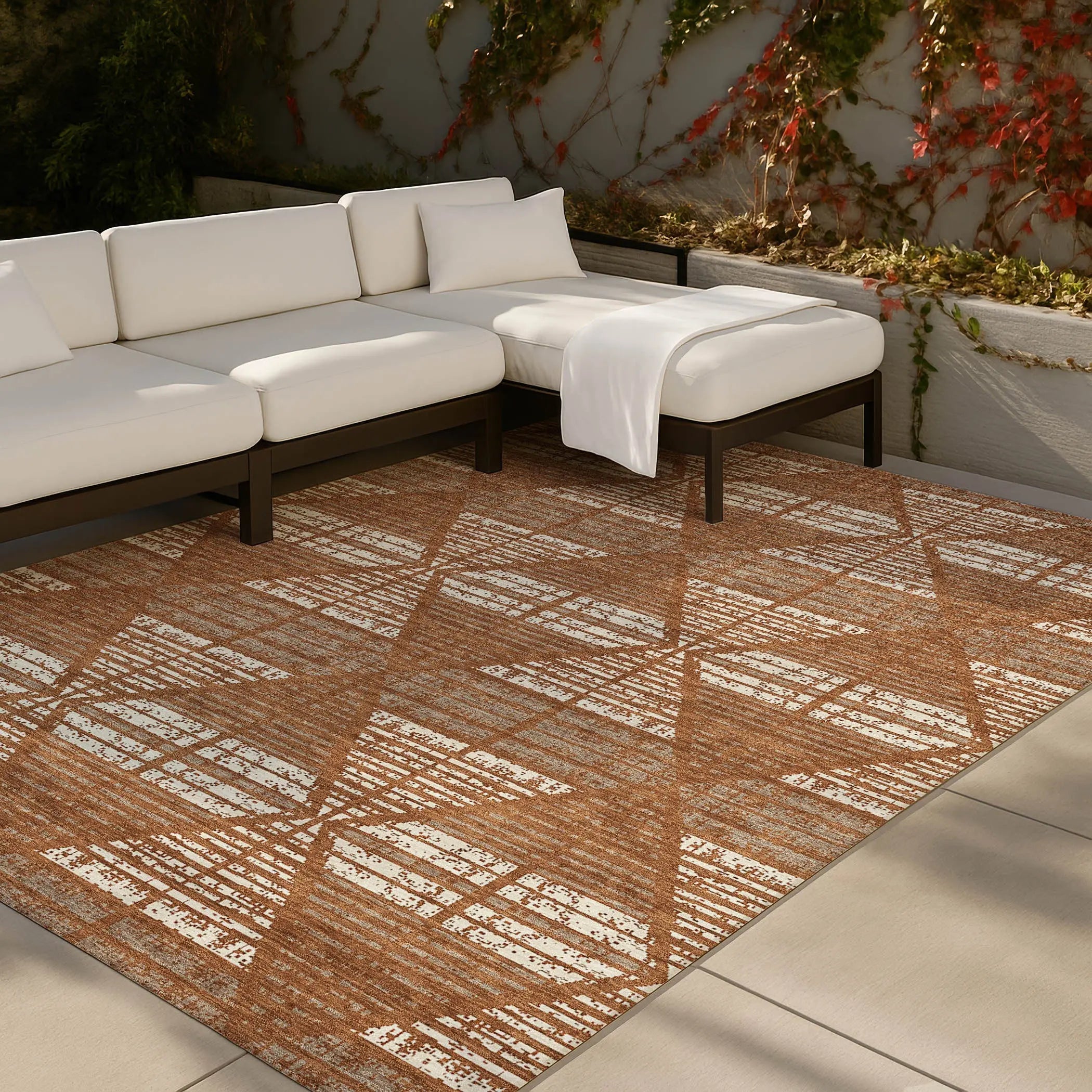5' X 8' Orange And Beige Geometric Washable Indoor Outdoor Area Rug Homeroots Outdoor