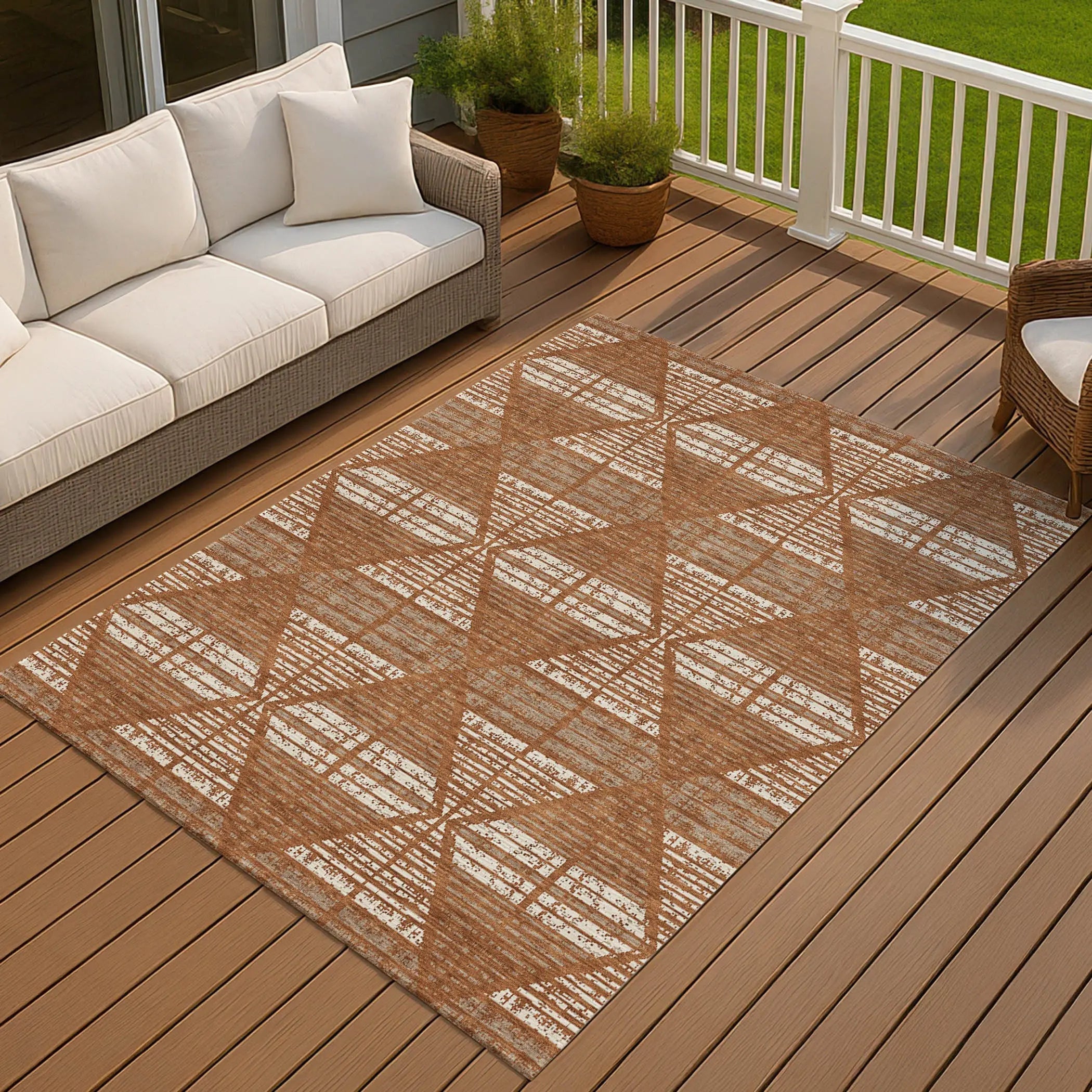 5' X 8' Orange And Beige Geometric Washable Indoor Outdoor Area Rug Homeroots Outdoor