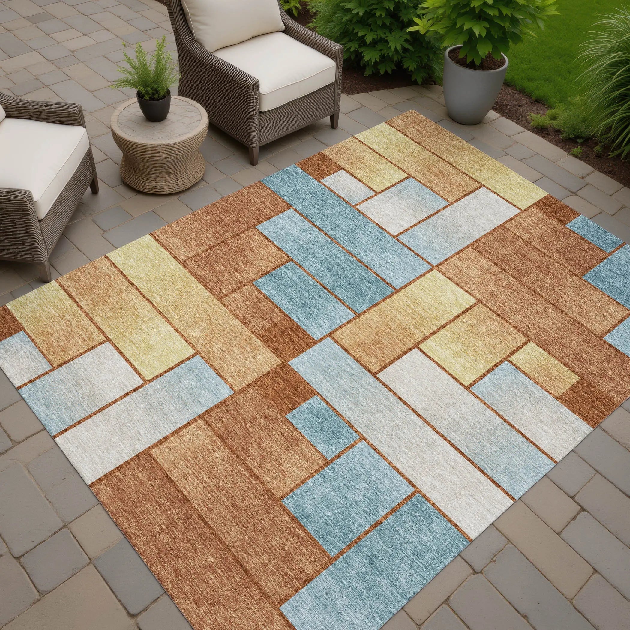 5' X 8' Orange And Blue Geometric Washable Indoor Outdoor Area Rug Homeroots Outdoor