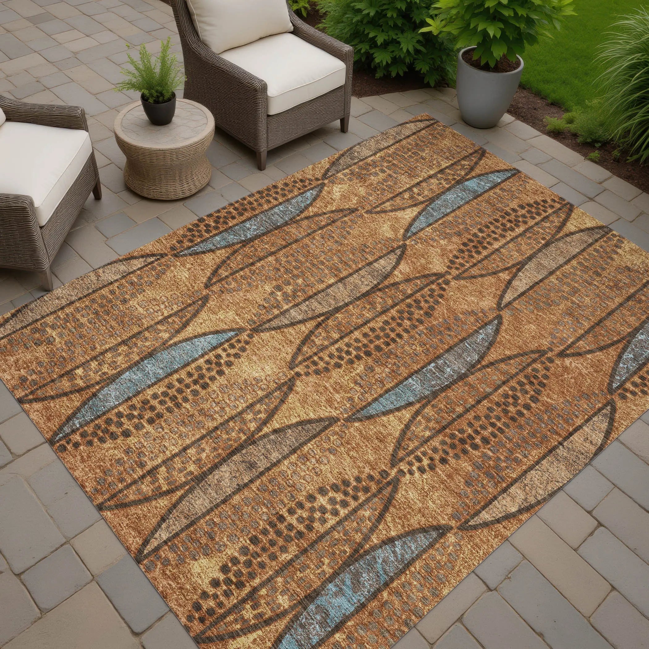 5' X 8' Orange And Blue Geometric Washable Indoor Outdoor Area Rug Homeroots Outdoor