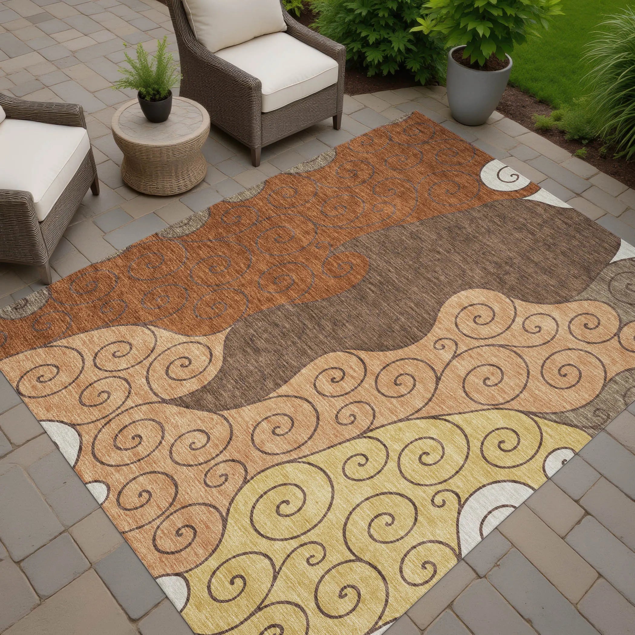 5' X 8' Orange And Brown Abstract Washable Indoor Outdoor Area Rug Homeroots Outdoor