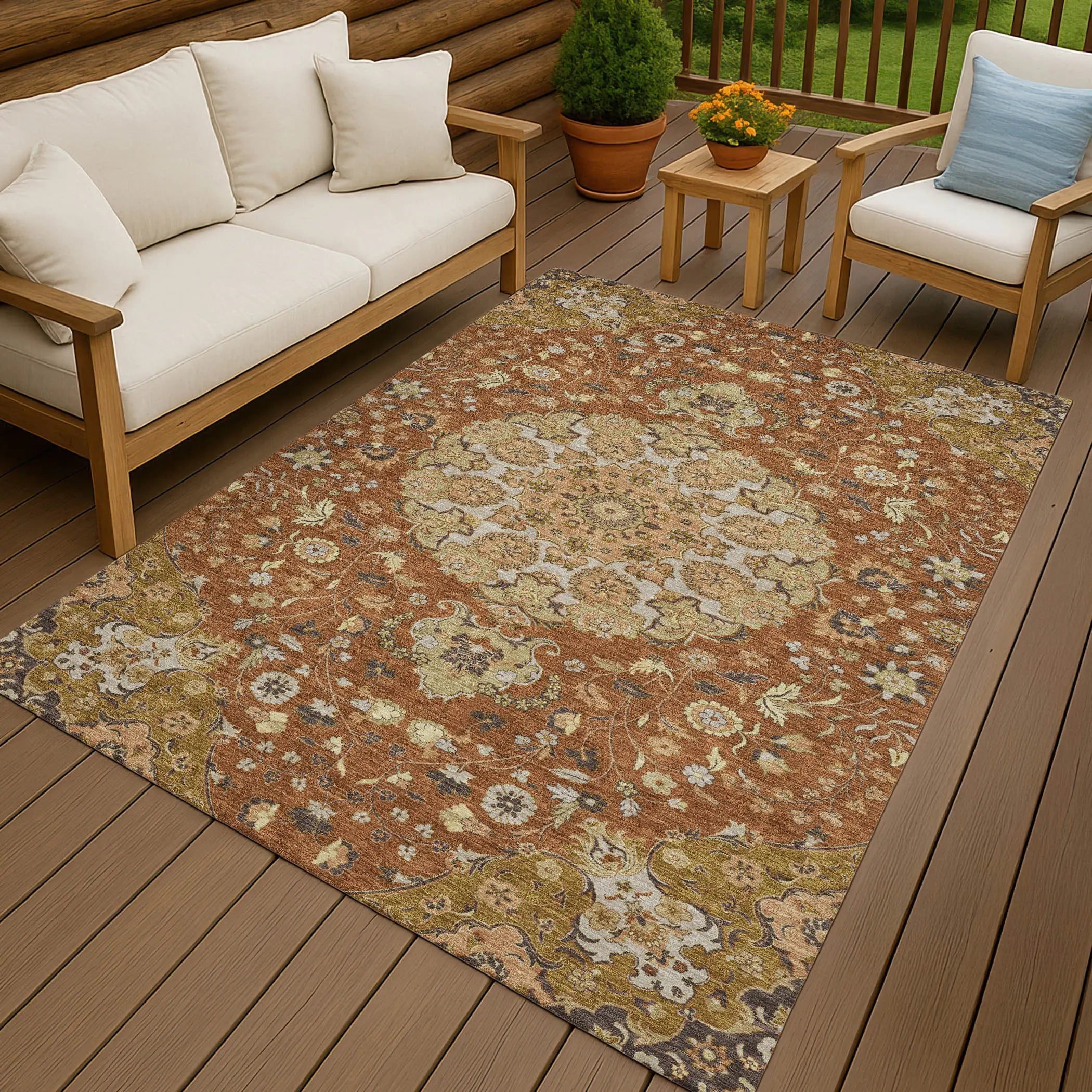 5' X 8' Orange And Brown Damask Washable Indoor Outdoor Area Rug Homeroots Outdoor