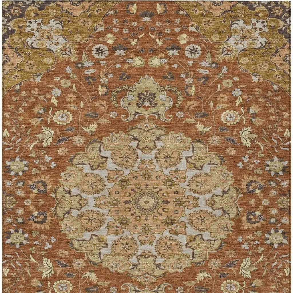 5' X 8' Orange And Brown Damask Washable Indoor Outdoor Area Rug Homeroots Outdoor