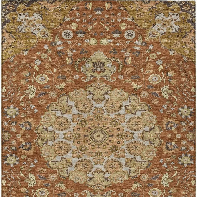 5' X 8' Orange And Brown Damask Washable Indoor Outdoor Area Rug Homeroots Outdoor