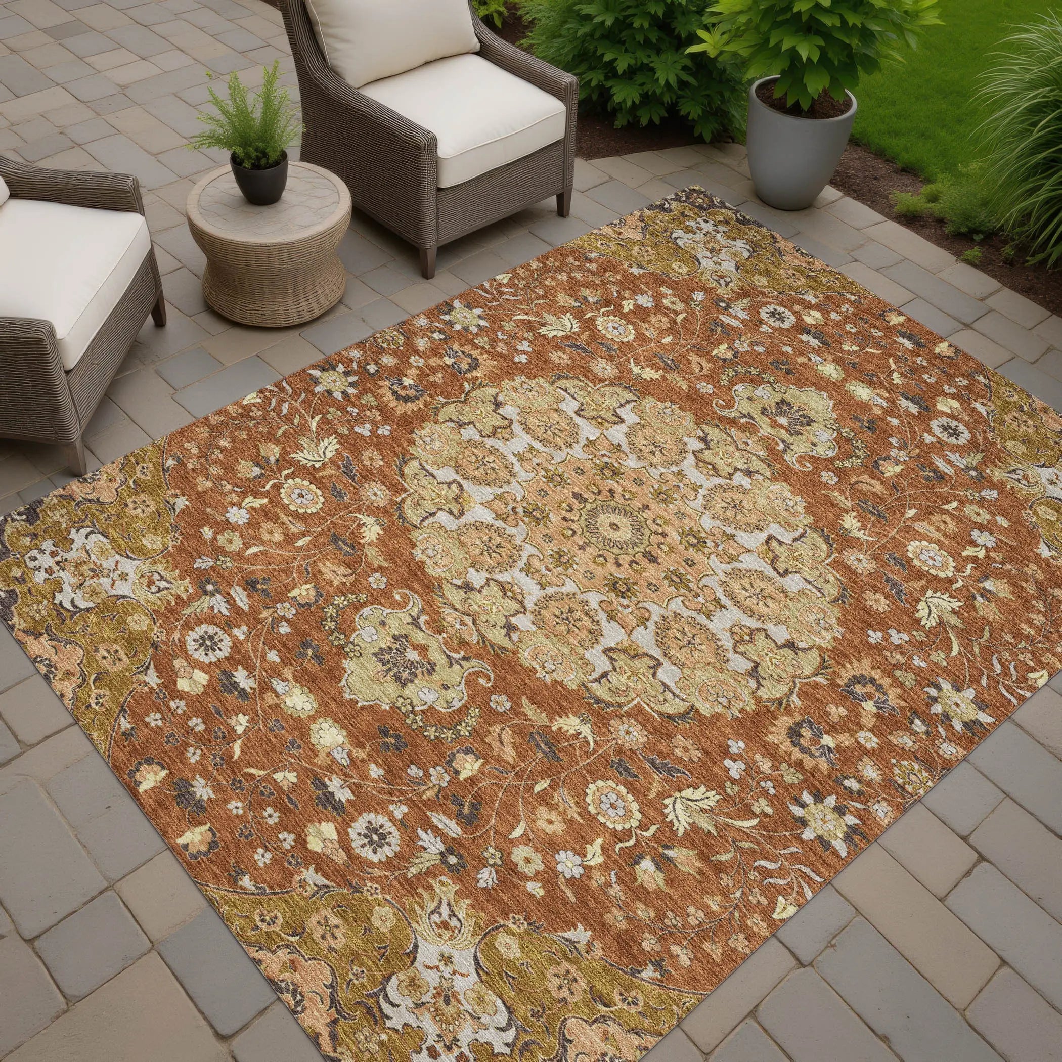 5' X 8' Orange And Brown Damask Washable Indoor Outdoor Area Rug Homeroots Outdoor