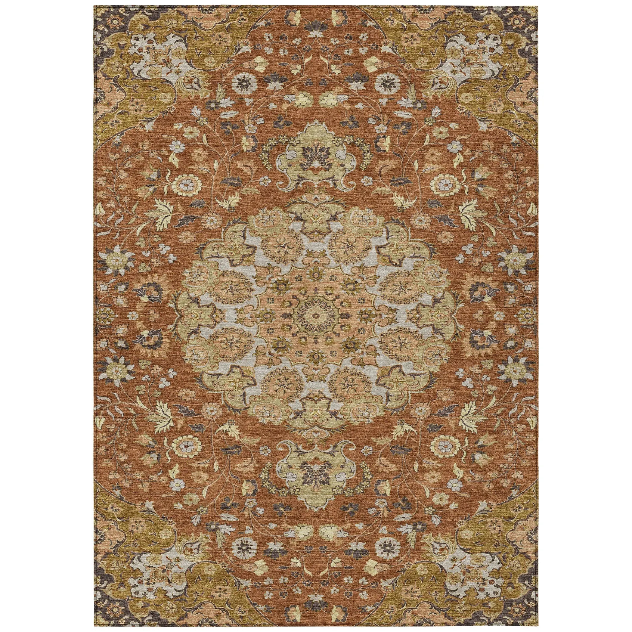 5' X 8' Orange And Brown Damask Washable Indoor Outdoor Area Rug Homeroots Outdoor