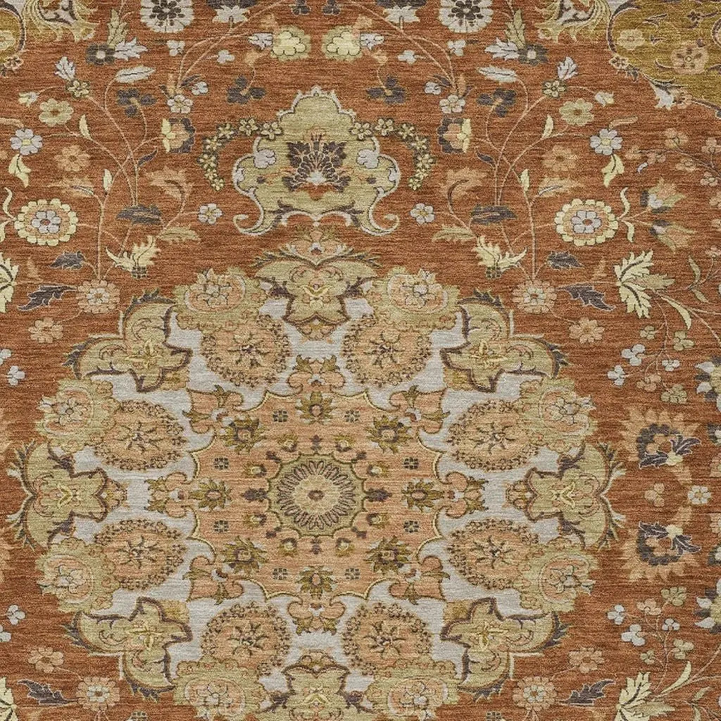 5' X 8' Orange And Brown Damask Washable Indoor Outdoor Area Rug Homeroots Outdoor