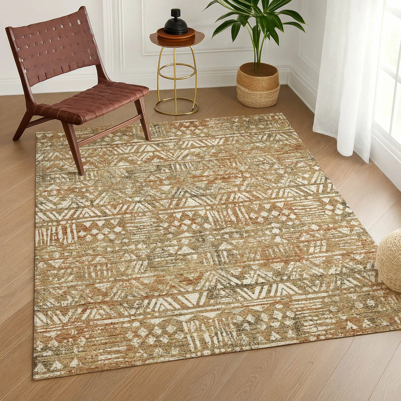 5' X 8' Orange And Brown Geometric Washable Indoor Outdoor Area Rug Homeroots Outdoor