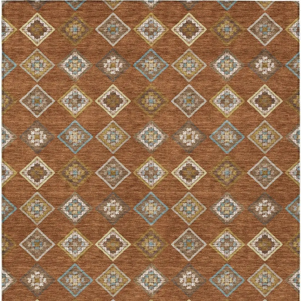 5' X 8' Orange And Brown Geometric Washable Indoor Outdoor Area Rug Homeroots Outdoor