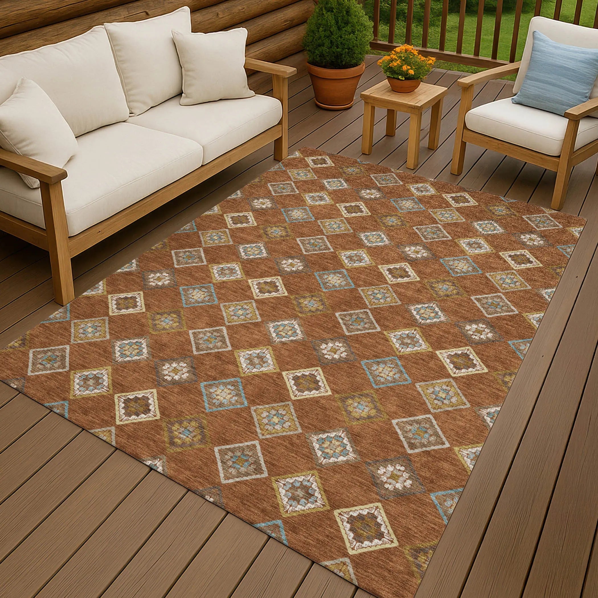 5' X 8' Orange And Brown Geometric Washable Indoor Outdoor Area Rug Homeroots Outdoor