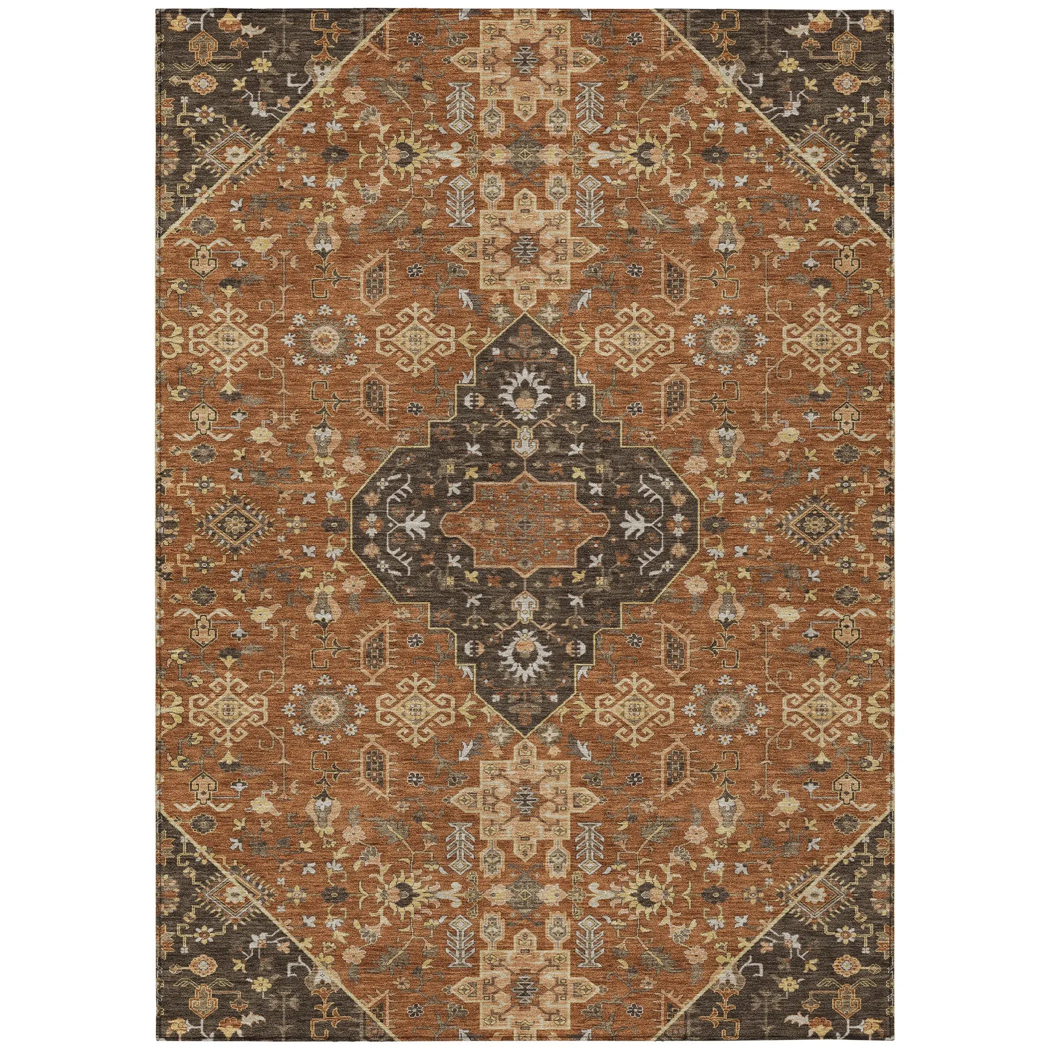 5' X 8' Orange And Brown Medallion Washable Indoor Outdoor Area Rug Homeroots Outdoor