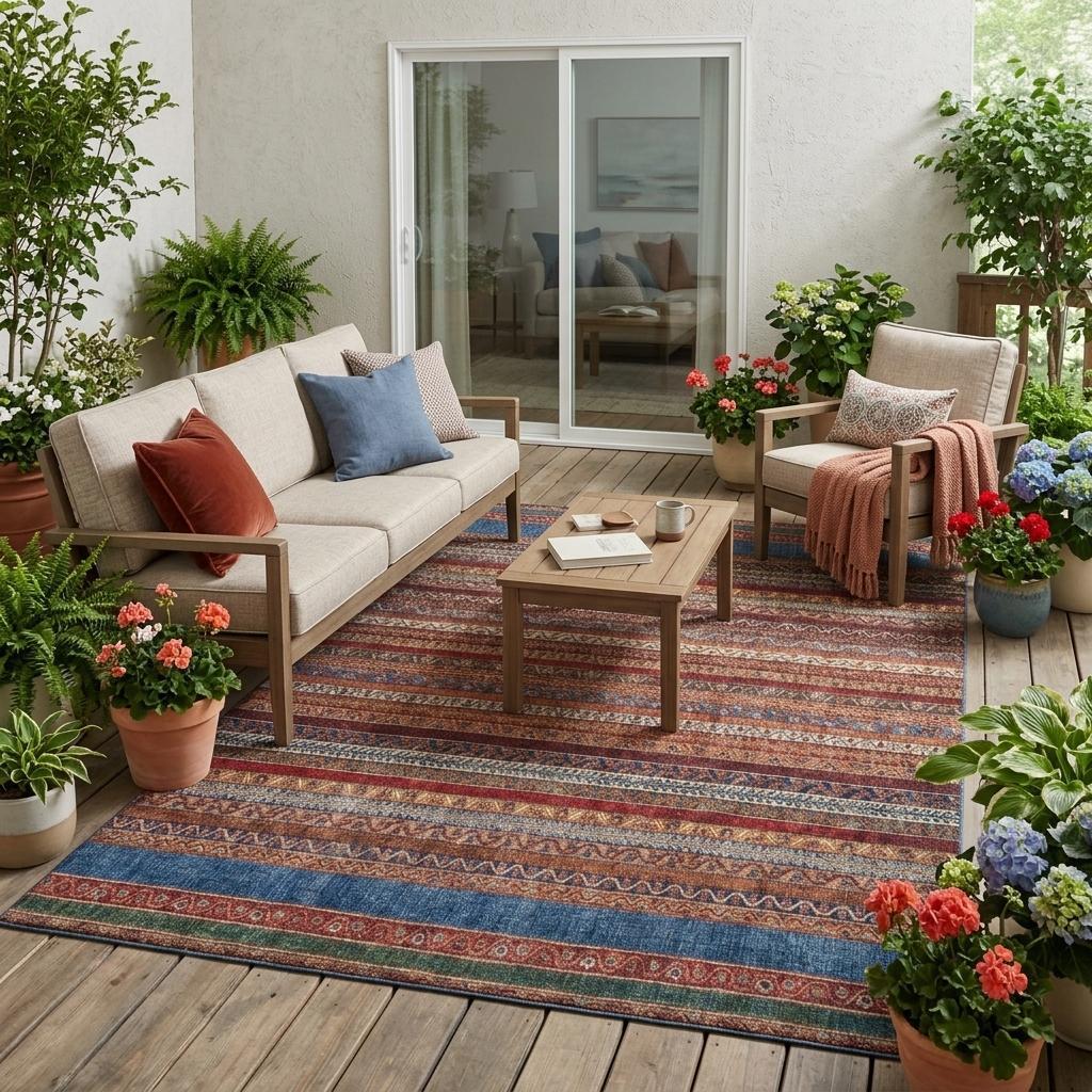 5' X 8' Orange And Burgundy Striped Washable Indoor Outdoor Area Rug Homeroots Outdoor