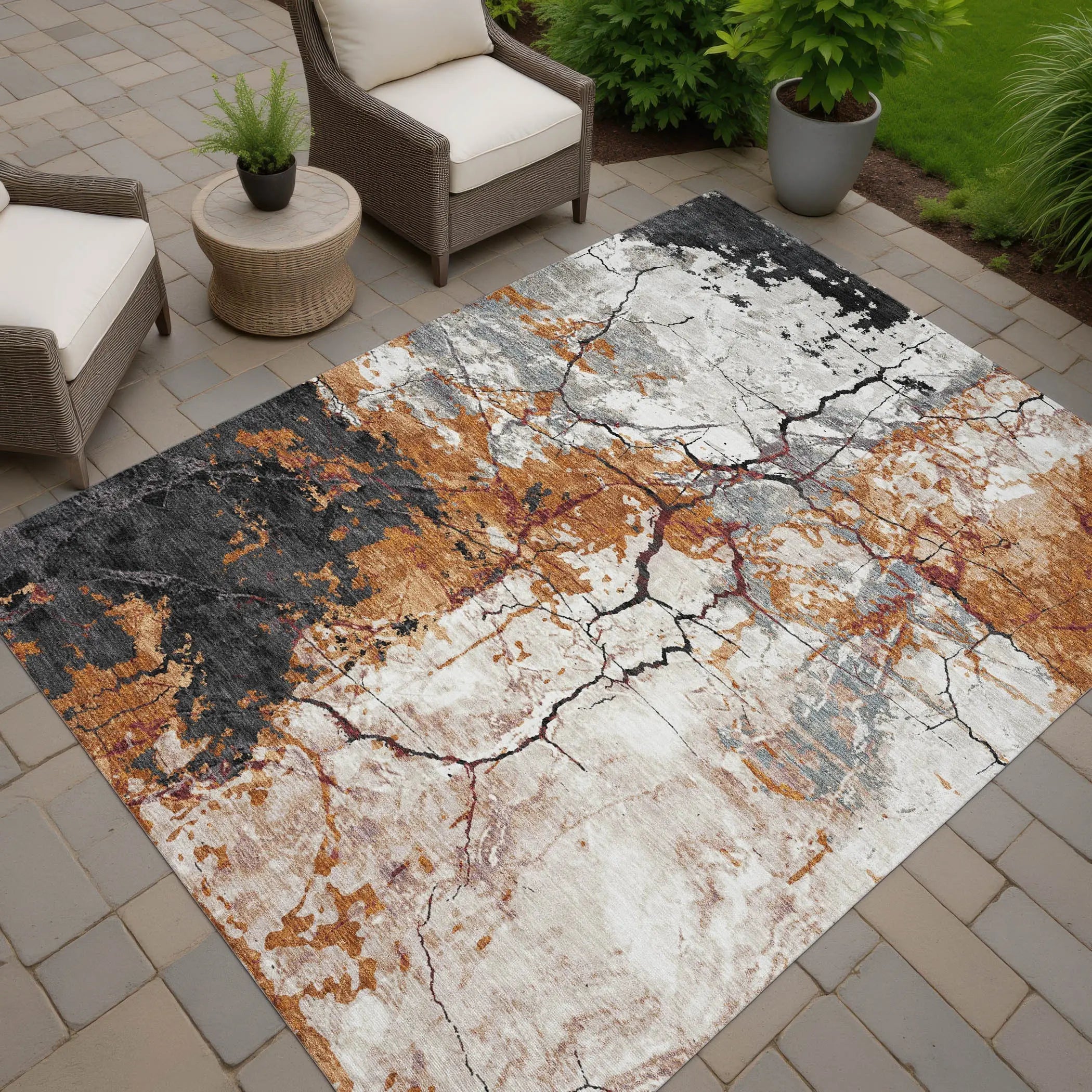 5' X 8' Orange And Copper Abstract Washable Indoor Outdoor Area Rug Homeroots Outdoor
