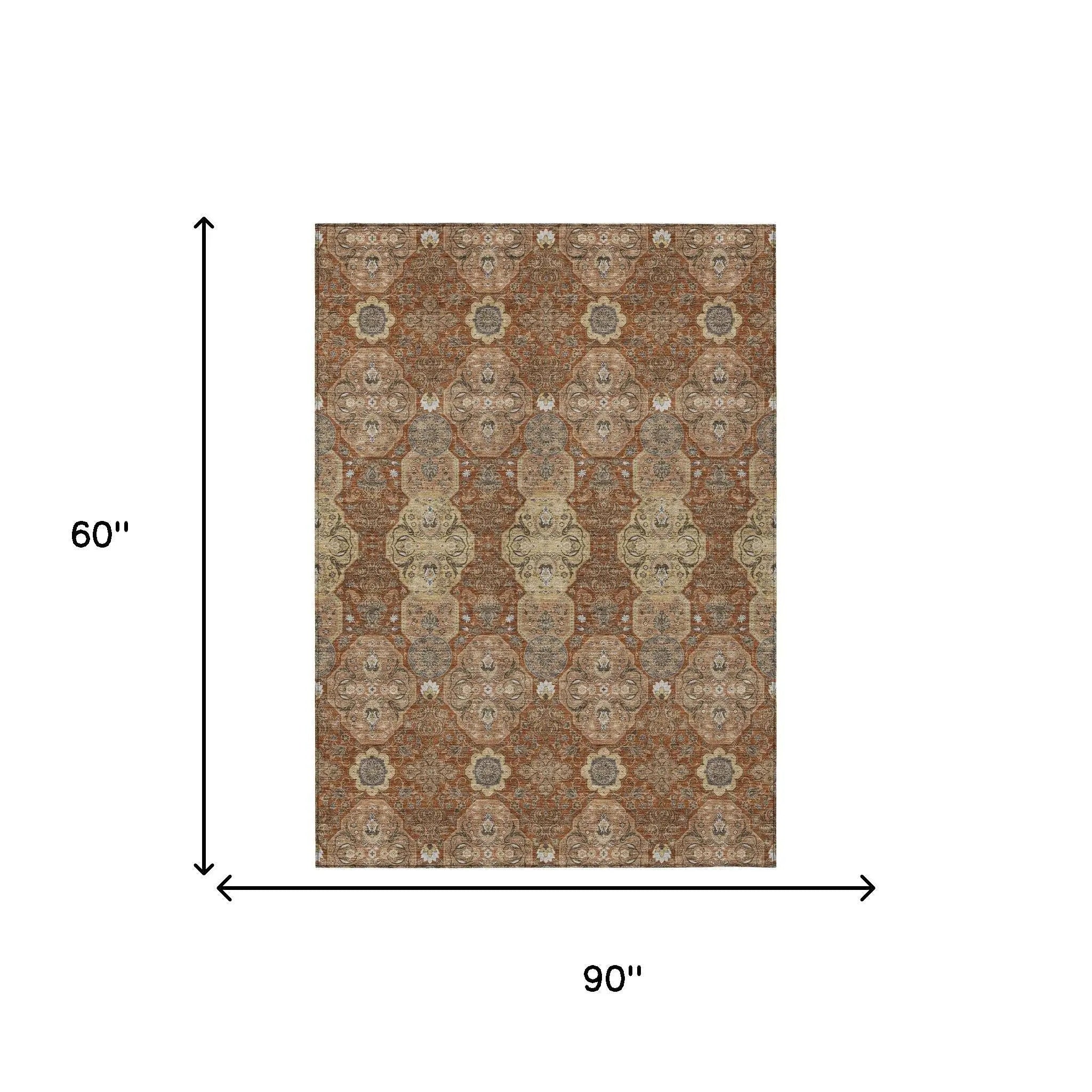 5' X 8' Orange And Copper Floral Washable Indoor Outdoor Area Rug Homeroots Outdoor