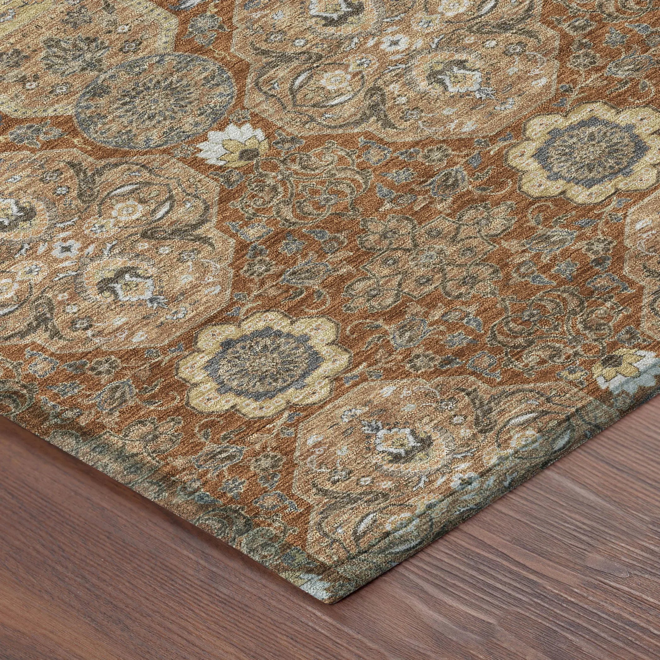 5' X 8' Orange And Copper Floral Washable Indoor Outdoor Area Rug Homeroots Outdoor