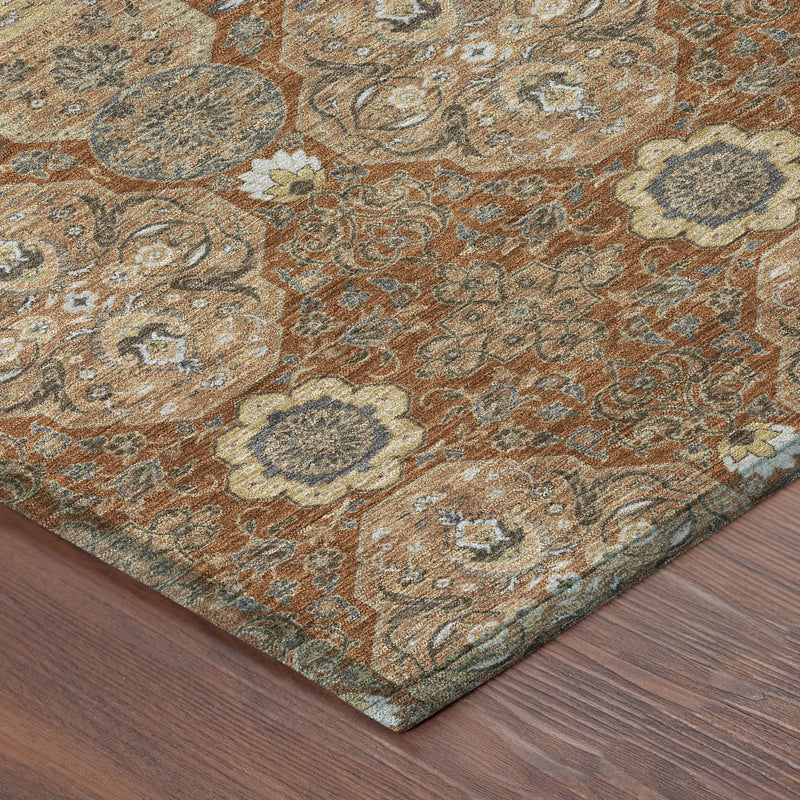 5' X 8' Orange And Copper Floral Washable Indoor Outdoor Area Rug Homeroots Outdoor