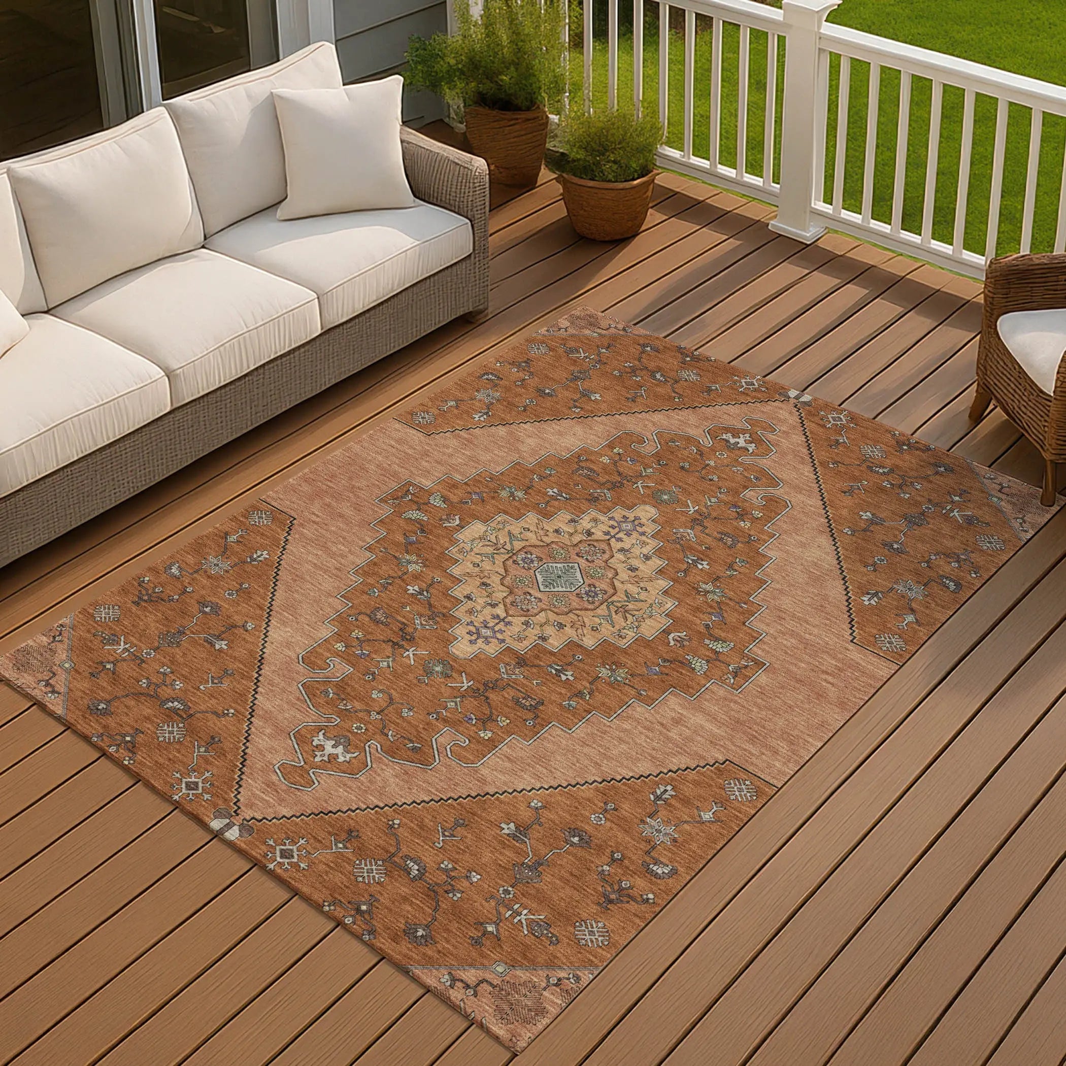 5' X 8' Orange And Copper Geometric Washable Indoor Outdoor Area Rug Homeroots Outdoor