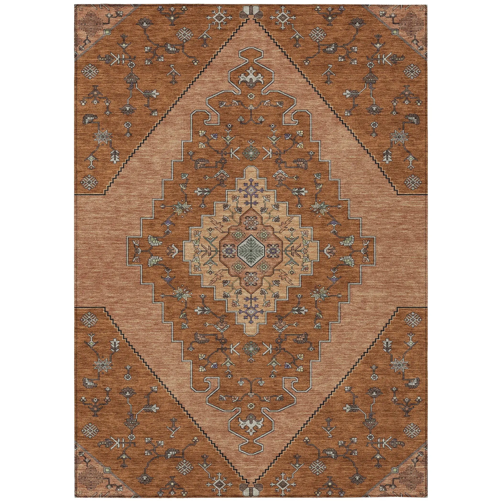5' X 8' Orange And Copper Geometric Washable Indoor Outdoor Area Rug Homeroots Outdoor