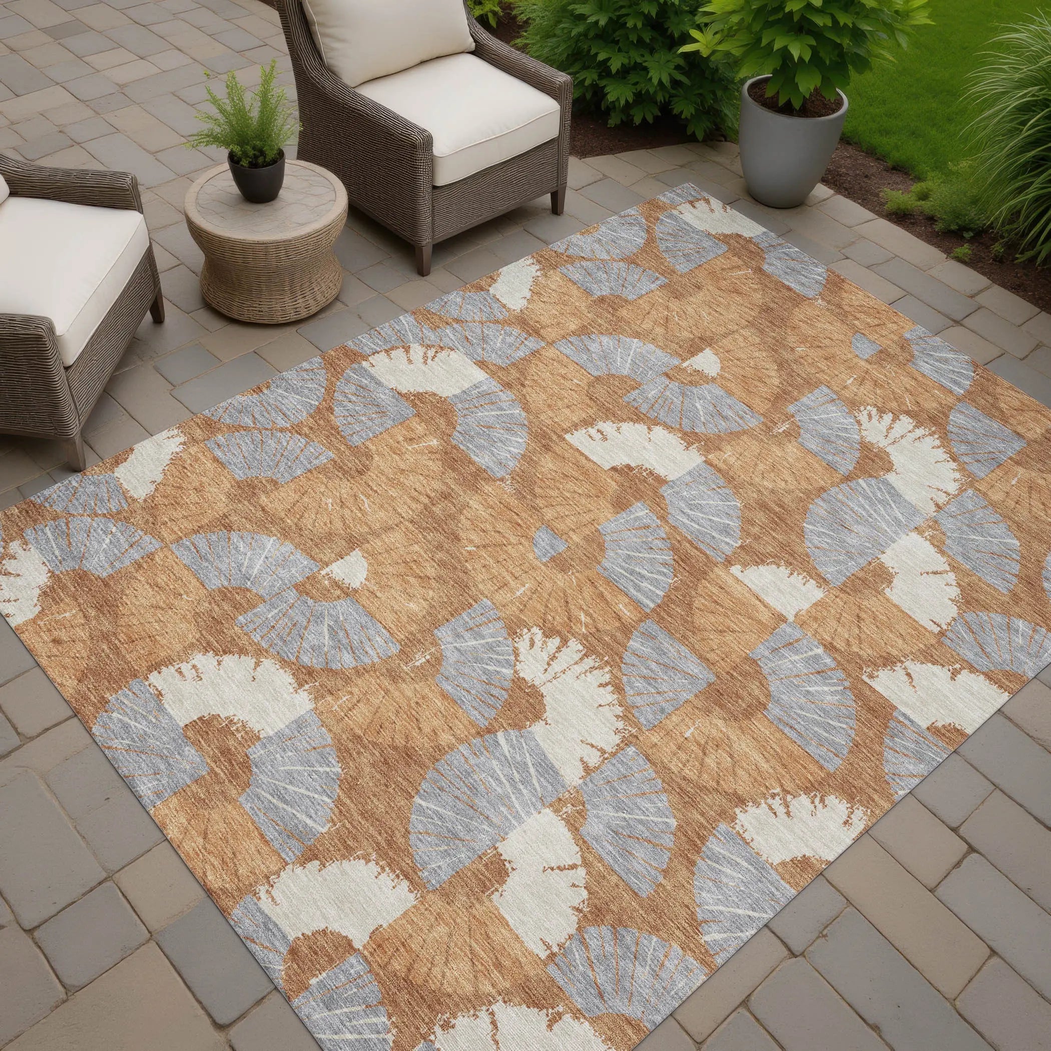 5' X 8' Orange And Copper Geometric Washable Indoor Outdoor Area Rug Homeroots Outdoor