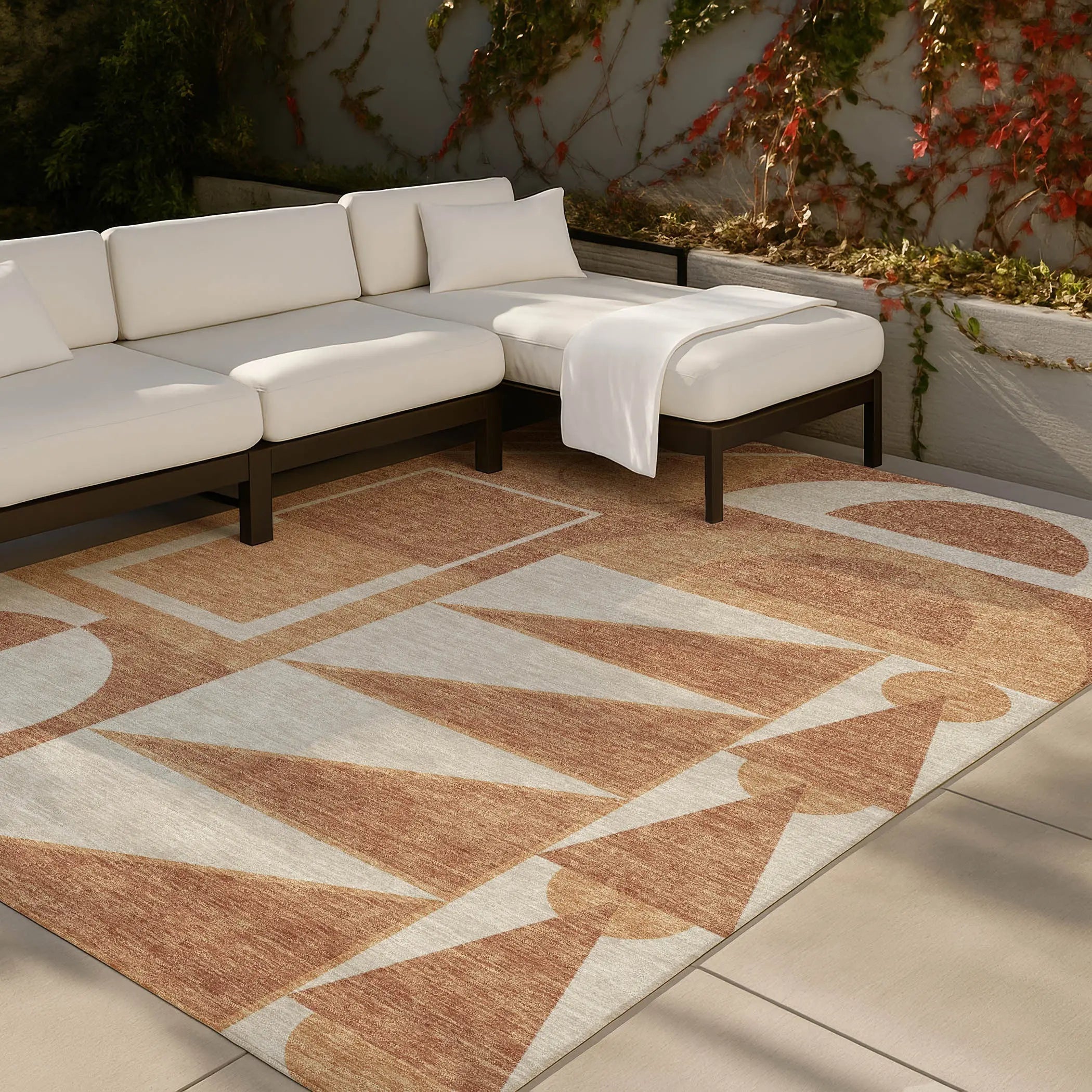 5' X 8' Orange And Copper Geometric Washable Indoor Outdoor Area Rug Homeroots Outdoor