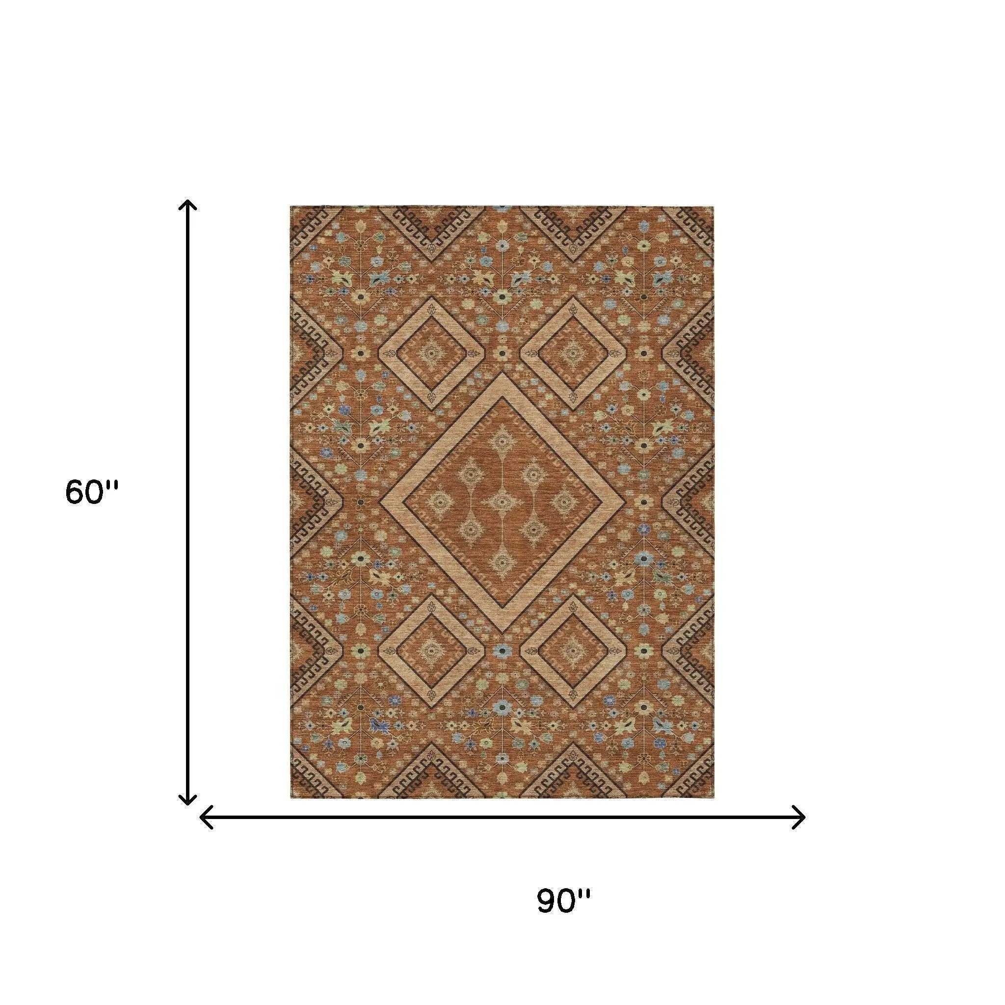 5' X 8' Orange And Copper Medallion Washable Indoor Outdoor Area Rug Homeroots Outdoor