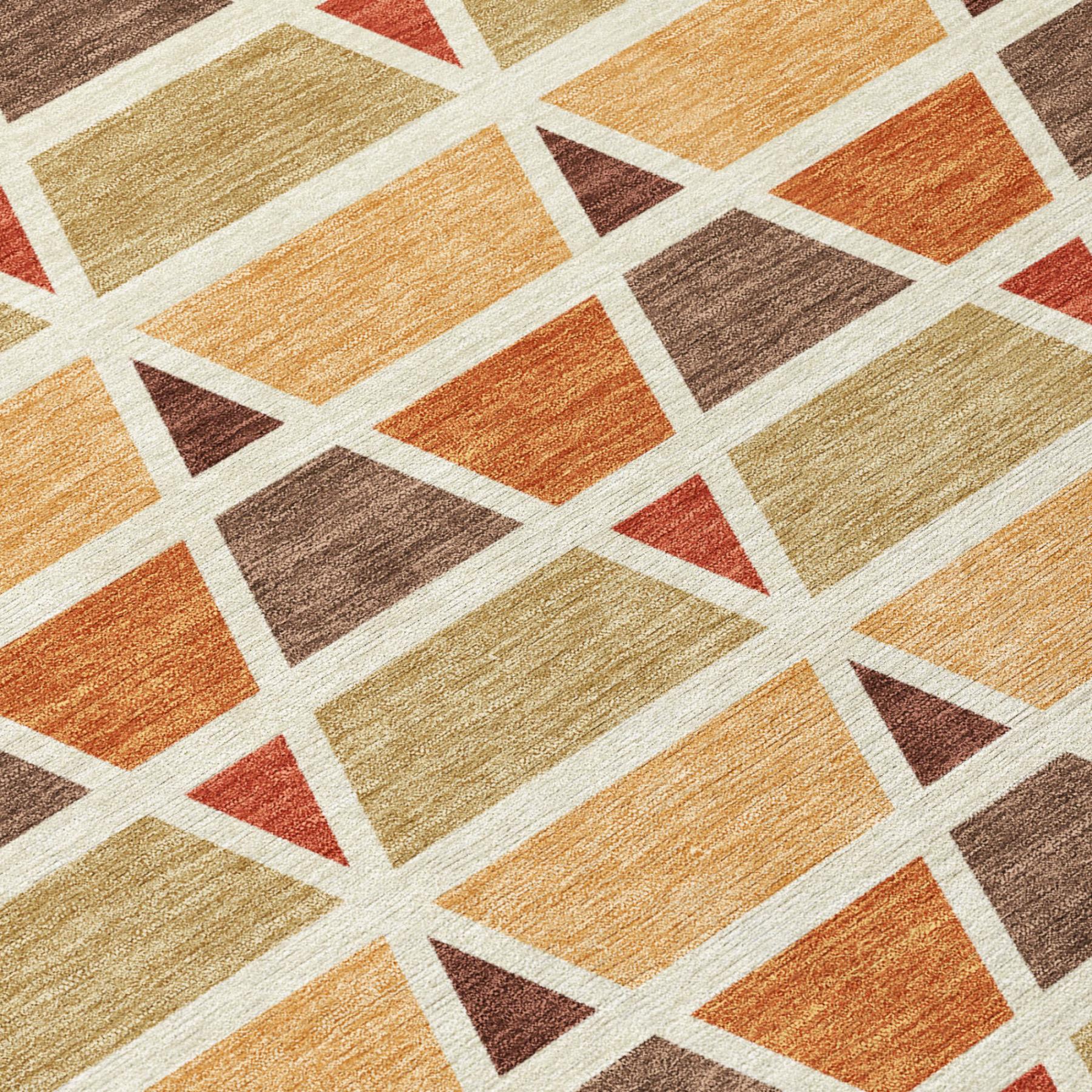 Geometric area rug in orange, beige, and brown tones; durable weave adds modern style to any decor.