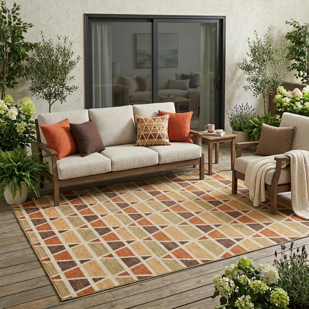 Outdoor seating set with beige cushions, orange accents, and a geometric patterned rug in warm earth tones.