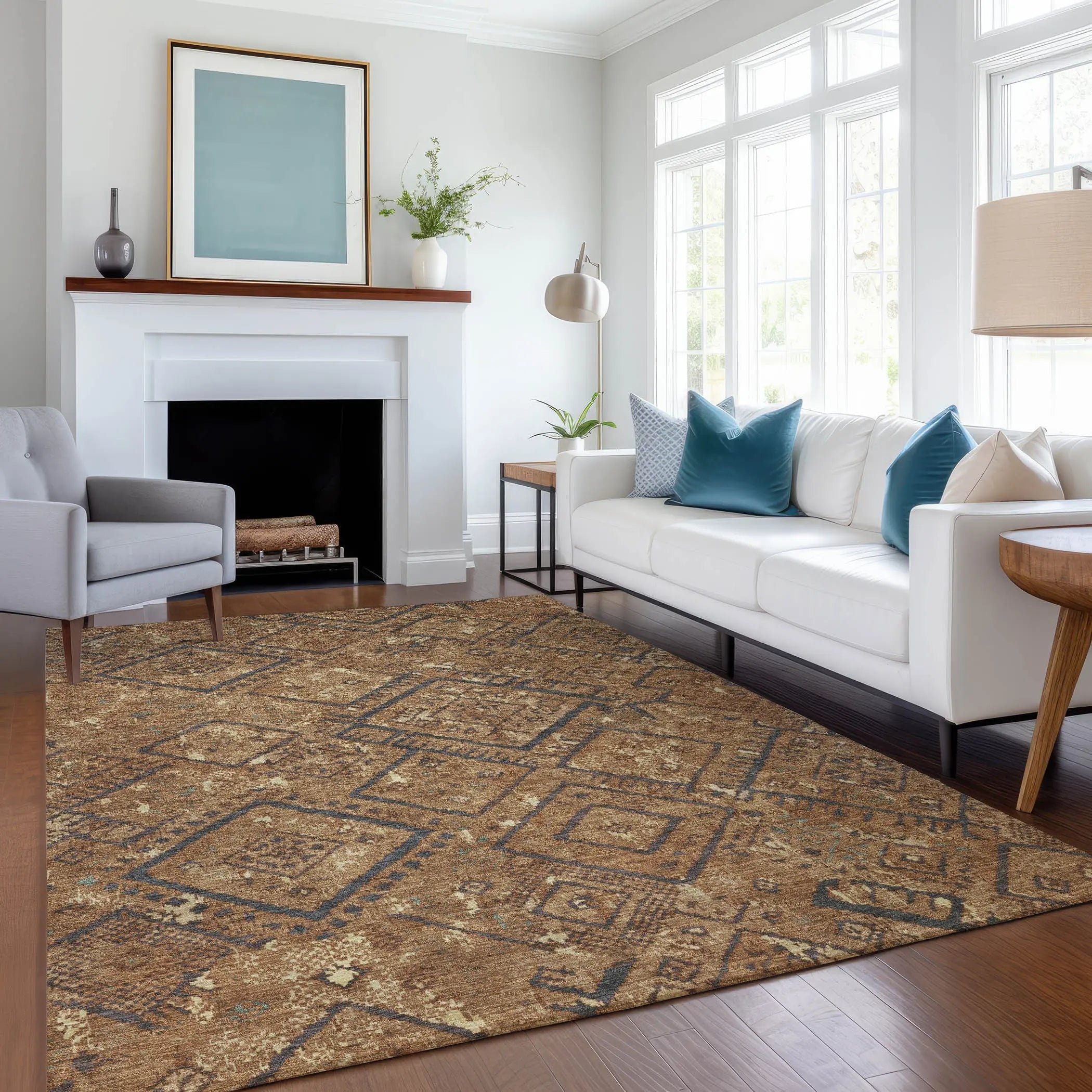 5' X 8' Orange And Gold Geometric Washable Indoor Outdoor Area Rug Homeroots Outdoor