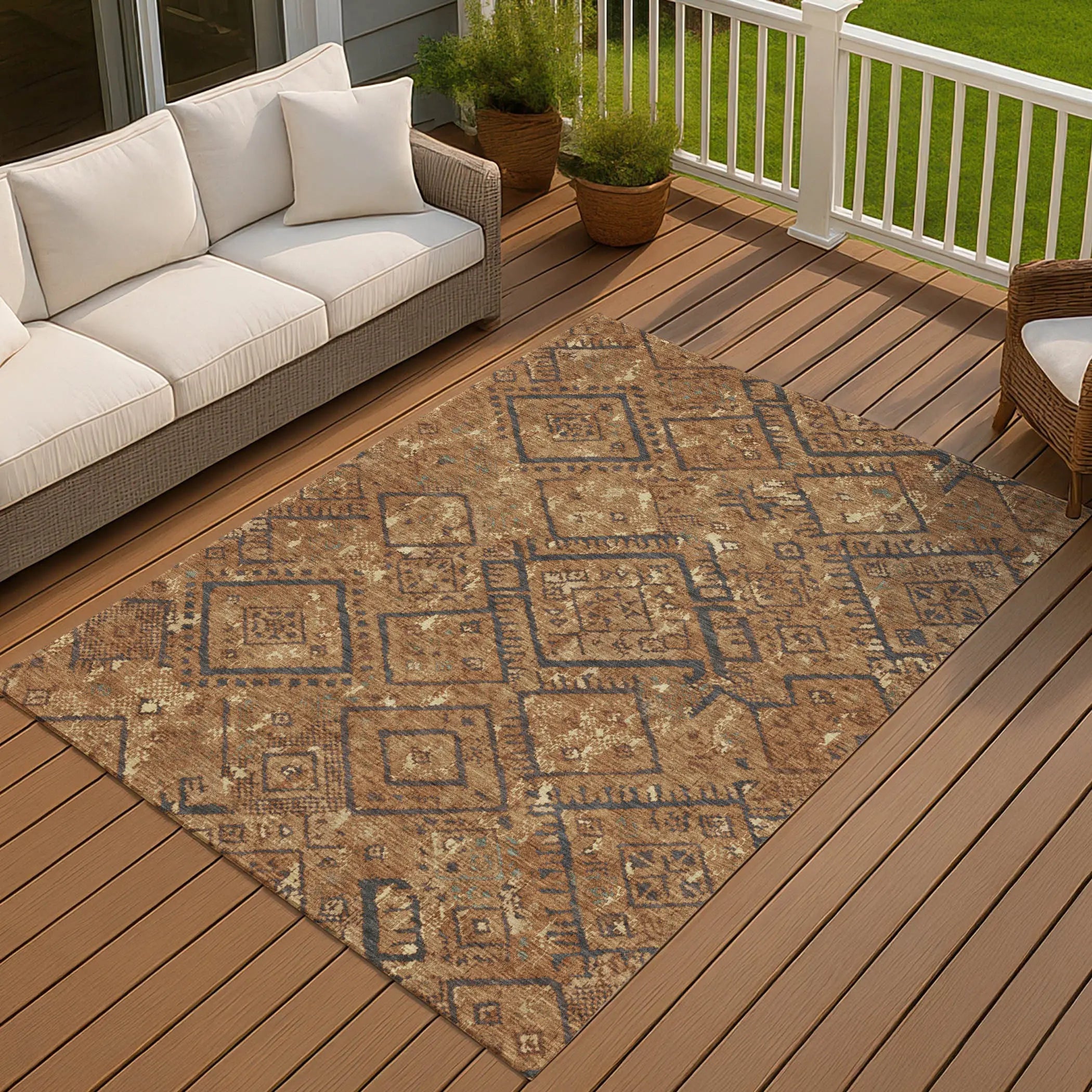 5' X 8' Orange And Gold Geometric Washable Indoor Outdoor Area Rug Homeroots Outdoor
