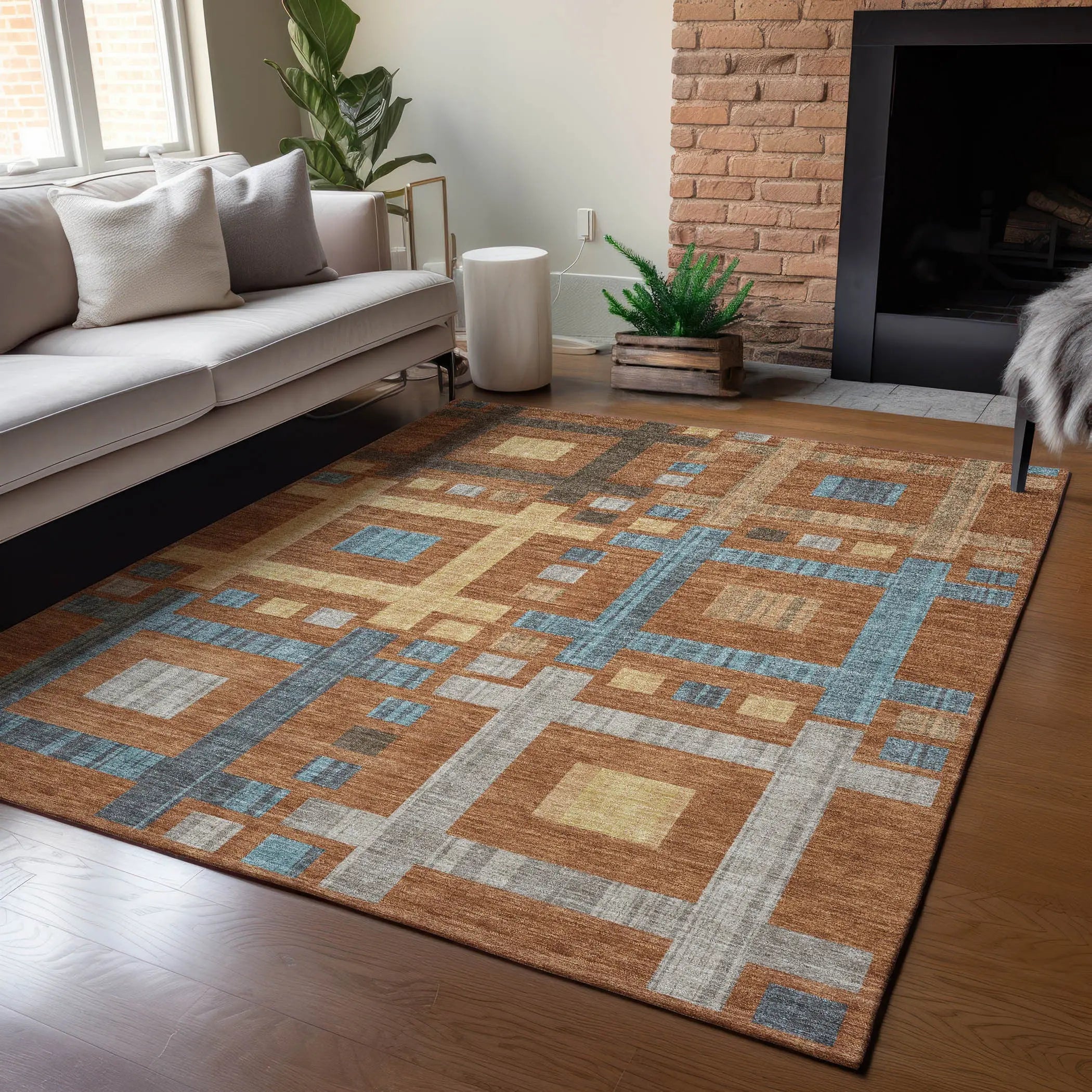 5' X 8' Orange And Gold Geometric Washable Indoor Outdoor Area Rug Homeroots Outdoor