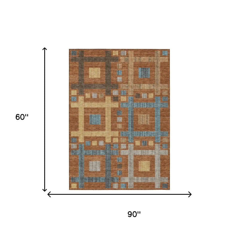 5' X 8' Orange And Gold Geometric Washable Indoor Outdoor Area Rug Homeroots Outdoor