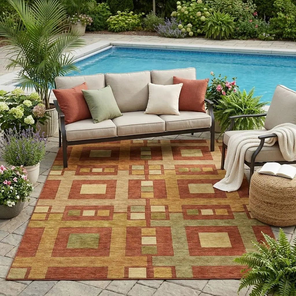 5' X 8' Orange And Gold Geometric Washable Indoor Outdoor Area Rug Homeroots Outdoor
