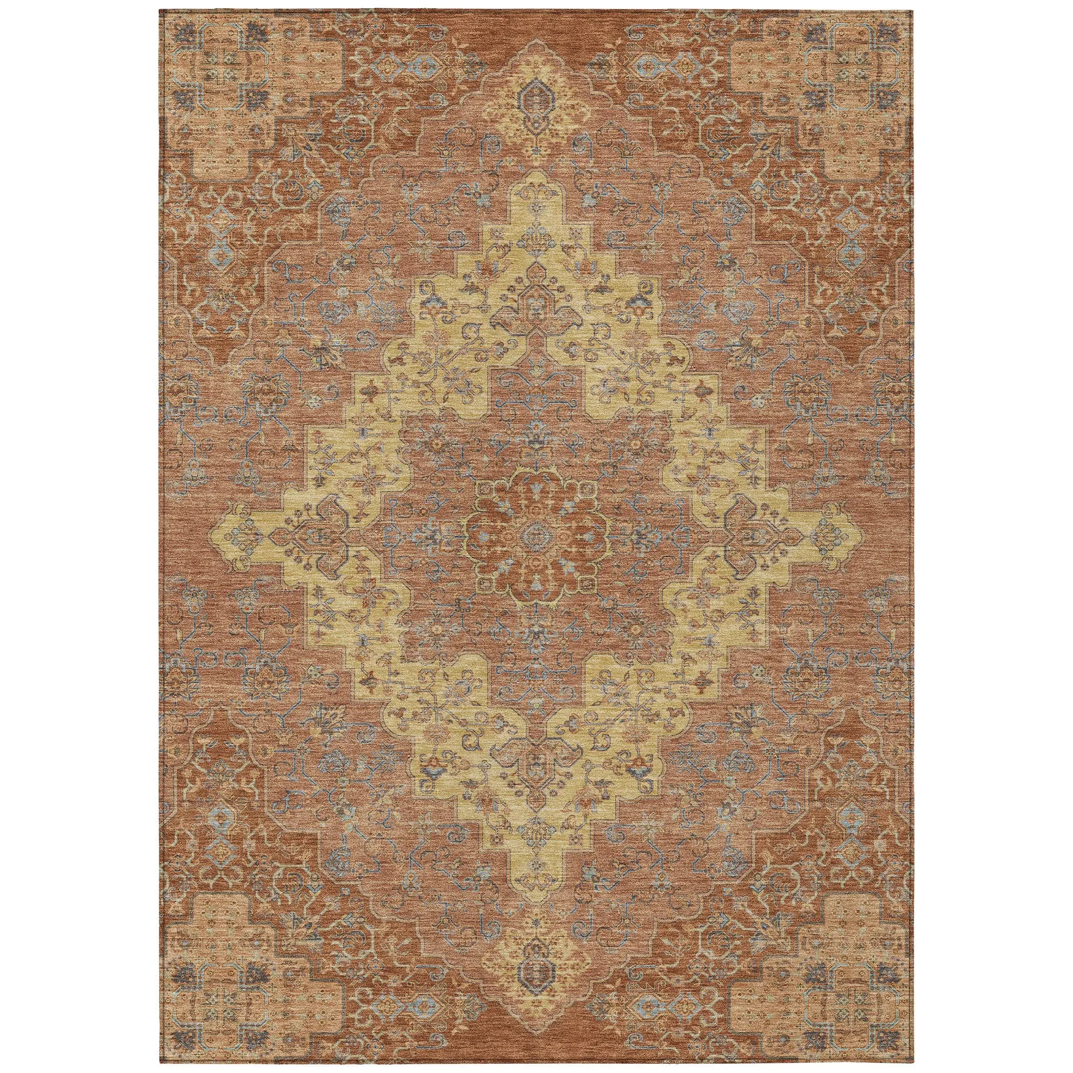 5' X 8' Orange And Gold Medallion Washable Indoor Outdoor Area Rug Homeroots Outdoor