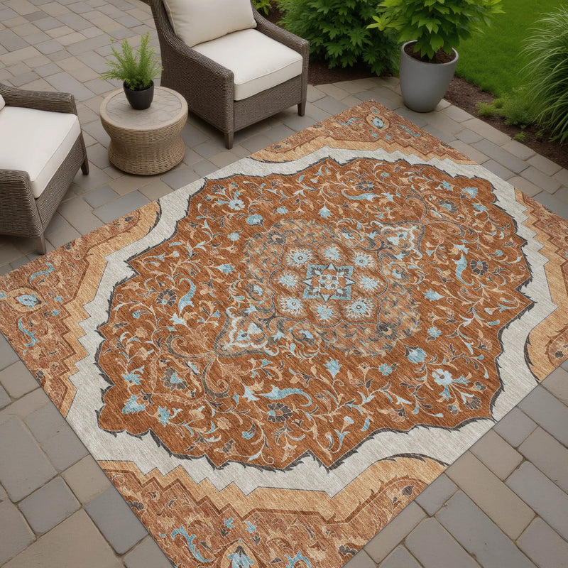 5' X 8' Orange And Graphite Medallion Washable Indoor Outdoor Area Rug Homeroots Outdoor