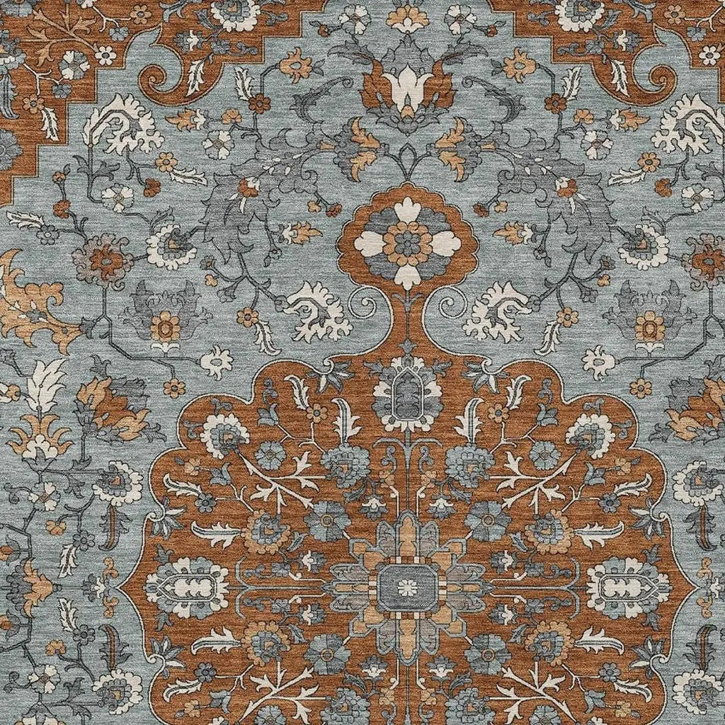 5' X 8' Orange And Gray Floral Medallion Washable Indoor Outdoor Area Rug Homeroots Outdoor
