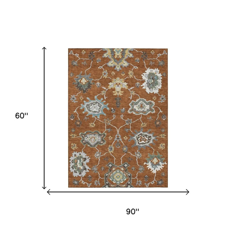 5' X 8' Orange And Gray Oriental Washable Indoor Outdoor Area Rug Homeroots Outdoor