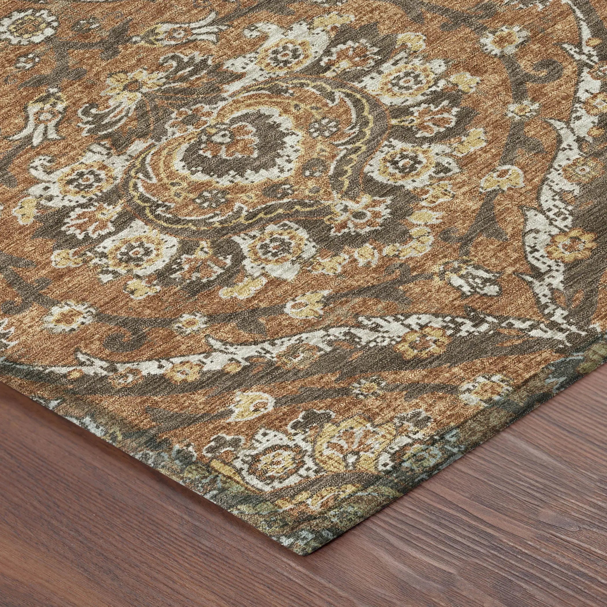 5' X 8' Orange And Green Floral Washable Indoor Outdoor Area Rug Homeroots Outdoor