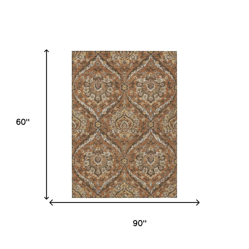 5' X 8' Orange And Green Floral Washable Indoor Outdoor Area Rug Homeroots Outdoor