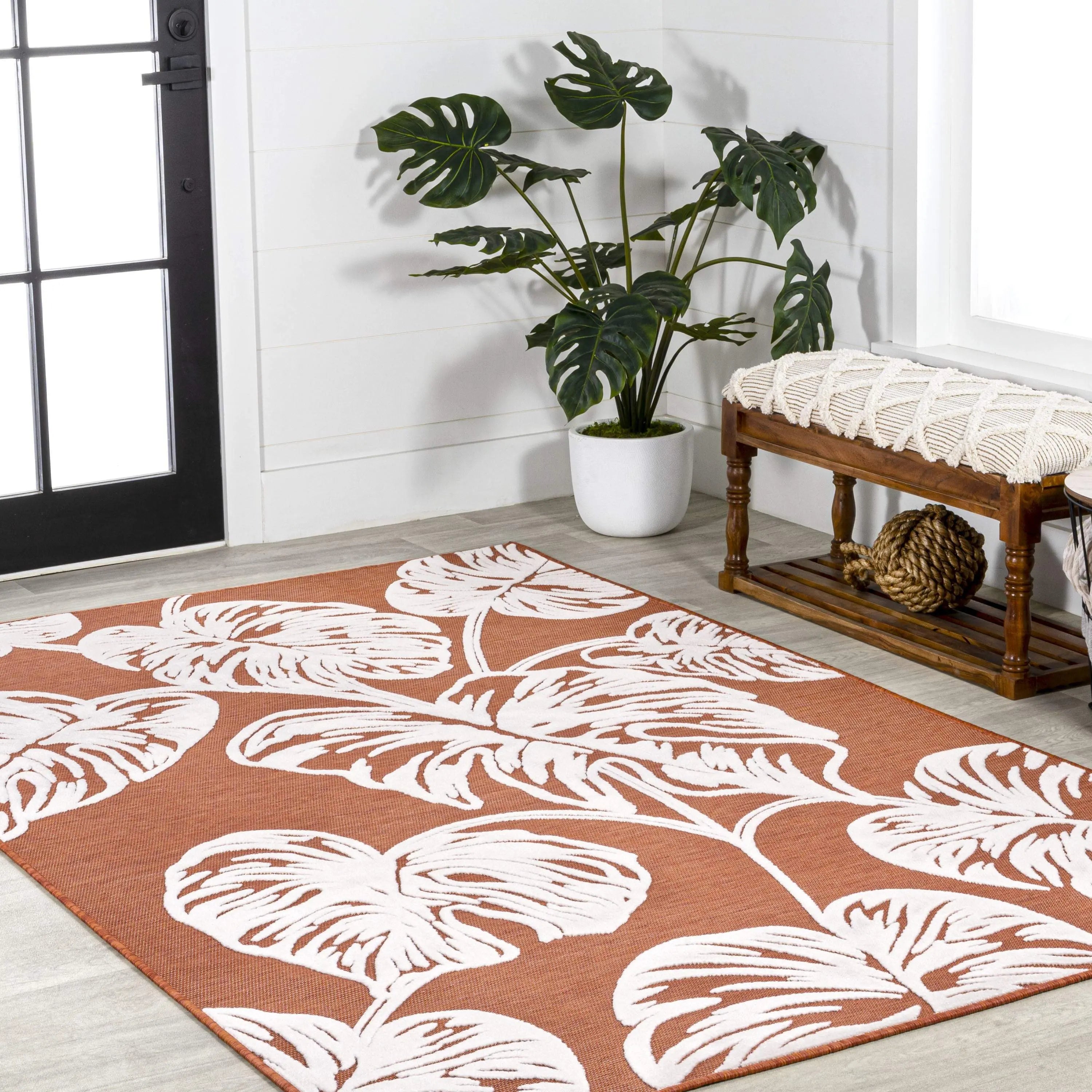 5' X 8' Orange And Ivory Floral Indoor Outdoor Area Rug - GreatEagleInc