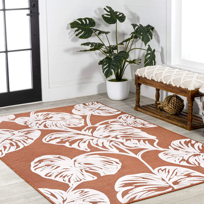 5' X 8' Orange And Ivory Floral Indoor Outdoor Area Rug - GreatEagleInc