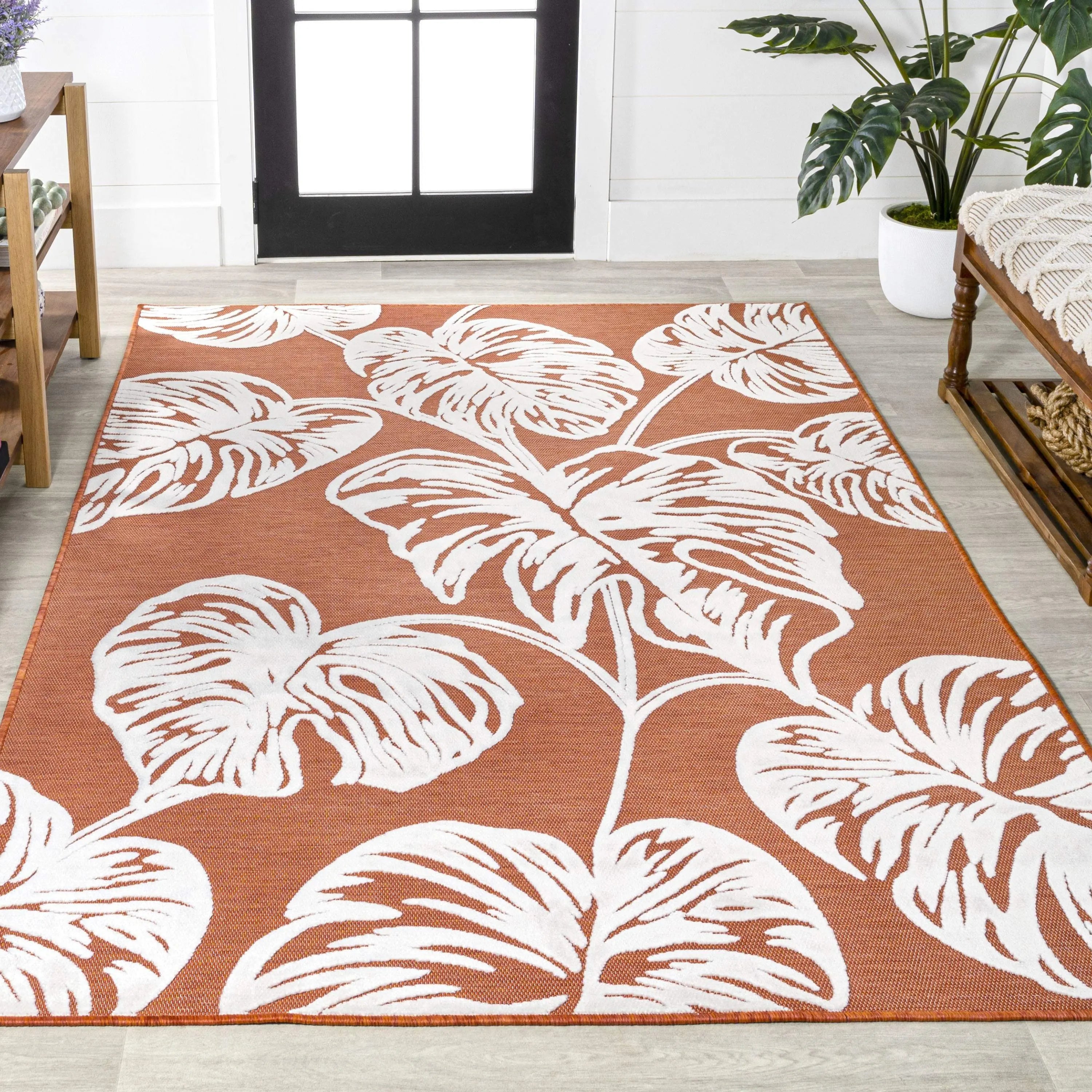 5' X 8' Orange And Ivory Floral Indoor Outdoor Area Rug - GreatEagleInc