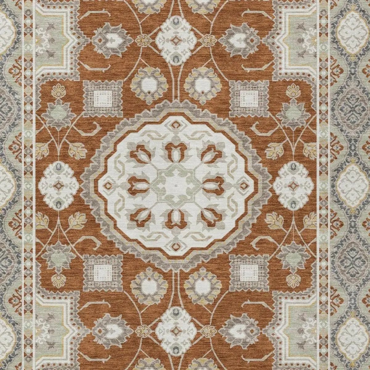 5' X 8' Orange And Ivory Floral Medallion Washable Indoor Outdoor Area Rug Homeroots Outdoor