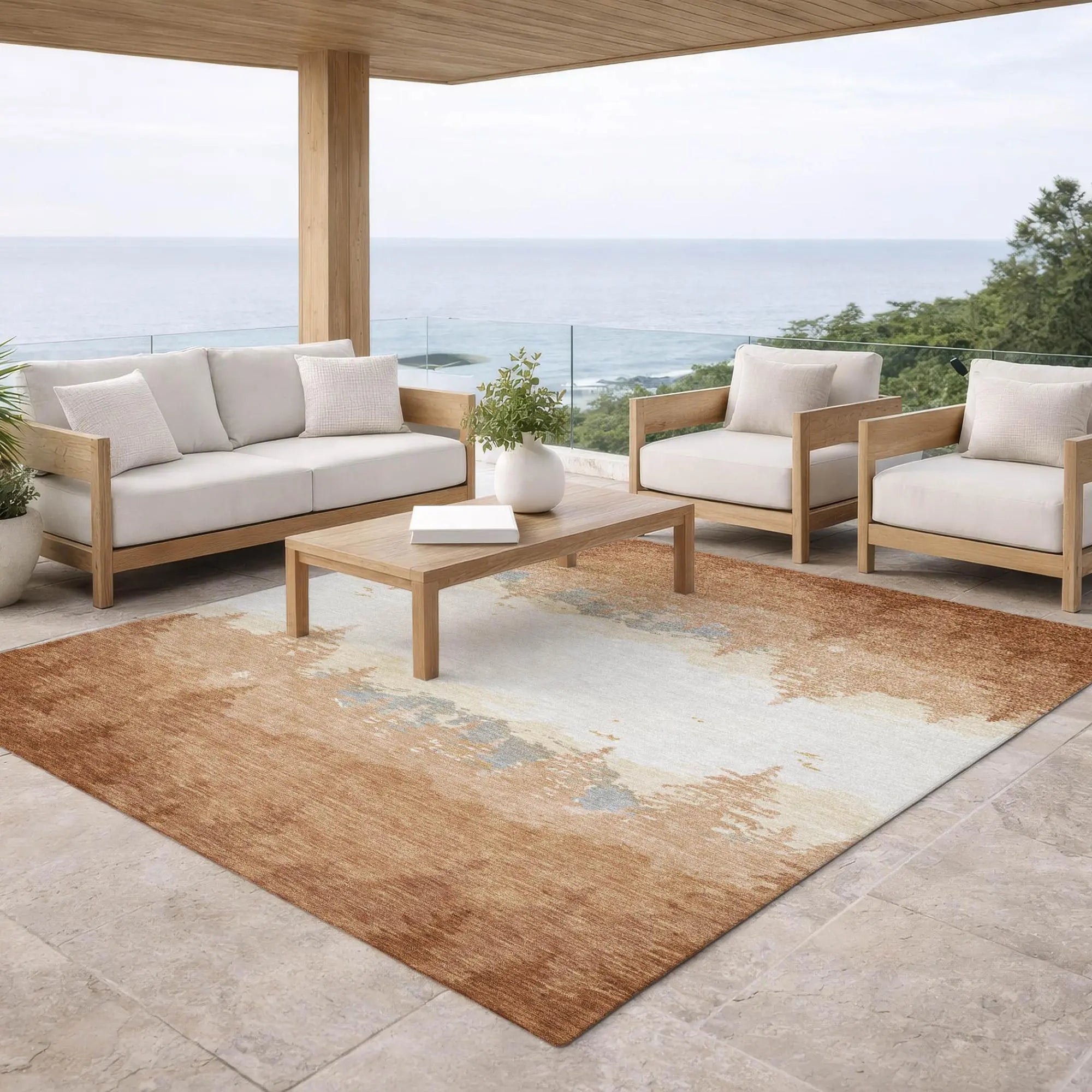 5' X 8' Orange And Ivory Floral Washable Indoor Outdoor Area Rug Homeroots Outdoor