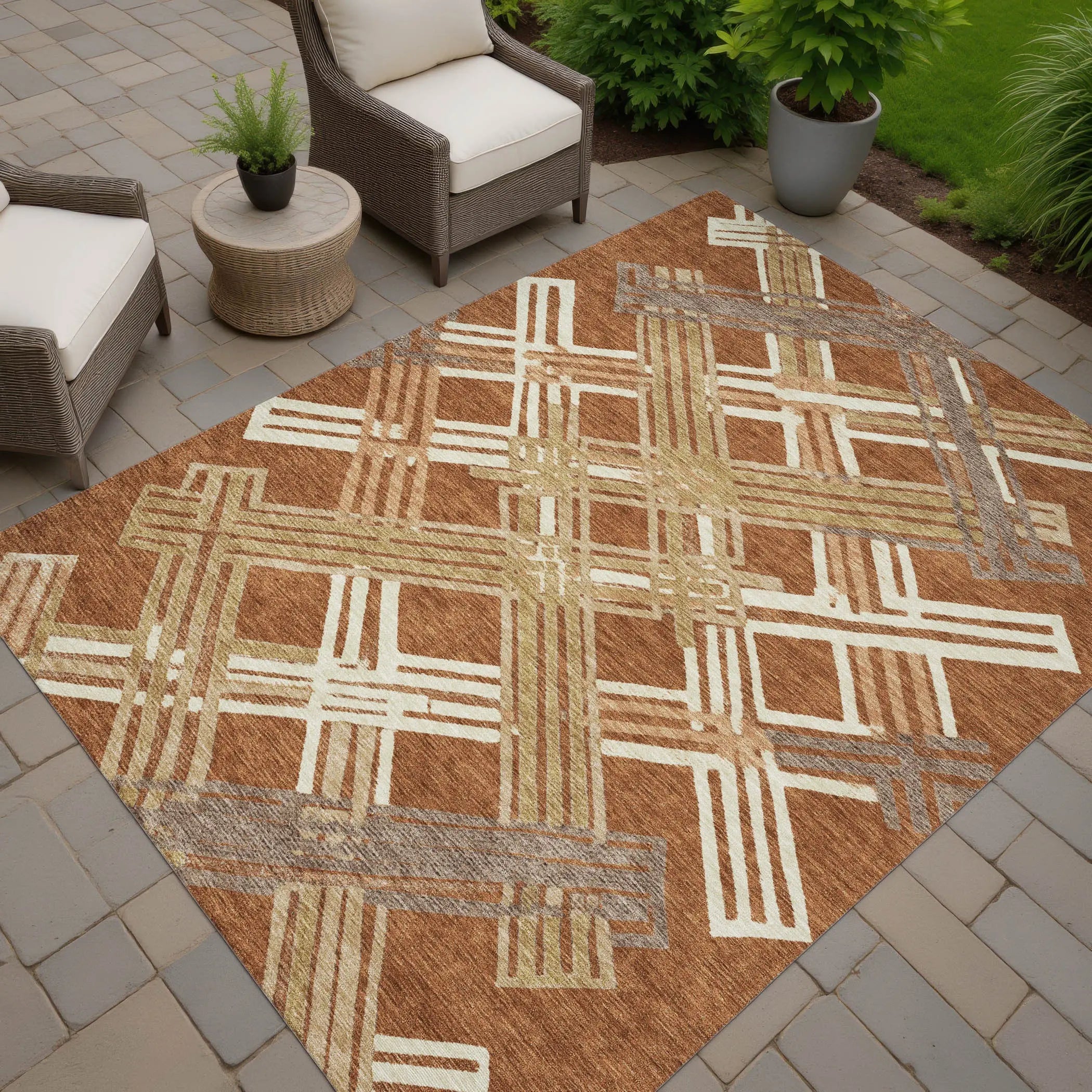 5' X 8' Orange And Ivory Geometric Washable Indoor Outdoor Area Rug Homeroots Outdoor