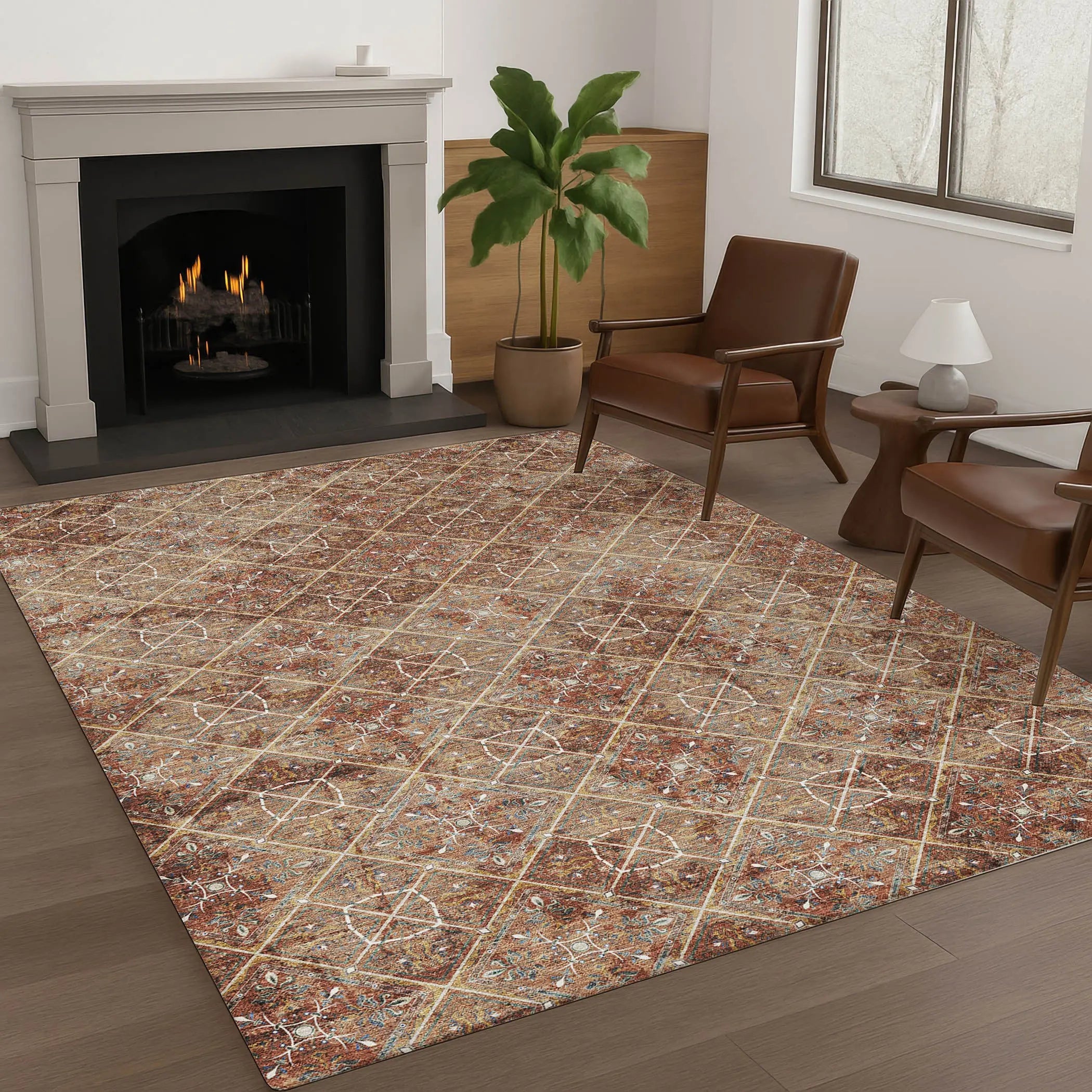 5' X 8' Orange And Khaki Geometric Washable Indoor Outdoor Area Rug Homeroots Outdoor